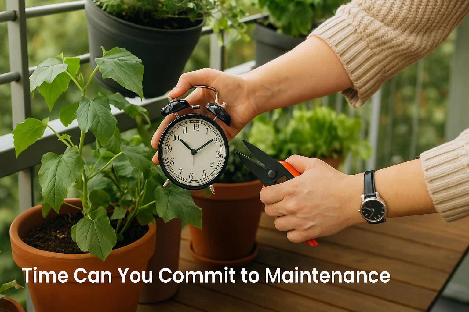 Urban Plant balcony gardener pruning plants while holding a clock — how much time can you commit to balcony garden maintenance